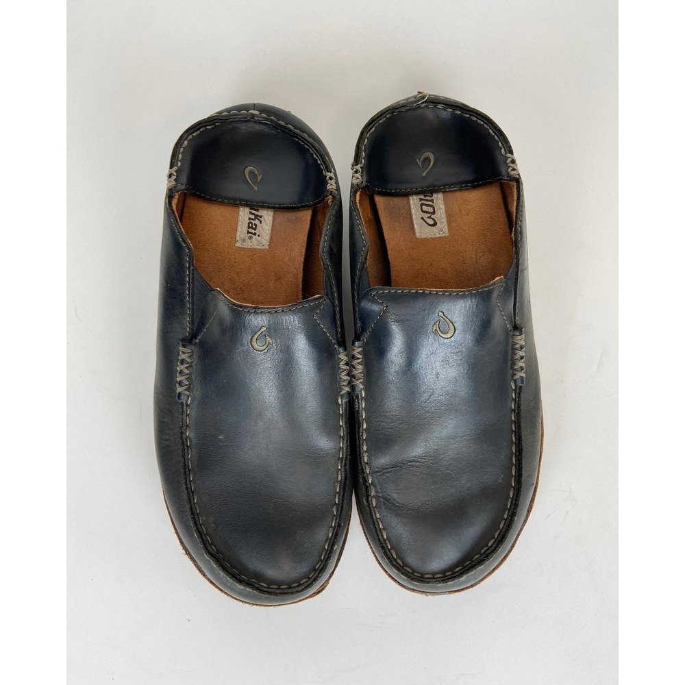 Olukai Moloa Men' Leather Drop-In Heel Loafers Slip On Shoes 10 M Black Vacation